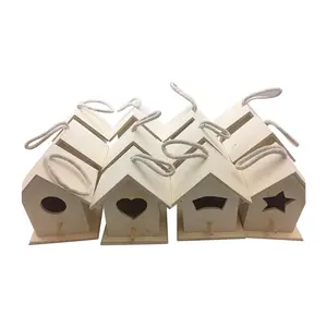 Mini casas de pájaros de madera sin terminar, pintura de proyecto artesanal, casa de pájaro con mango de cuerda para niños, venta al por mayor