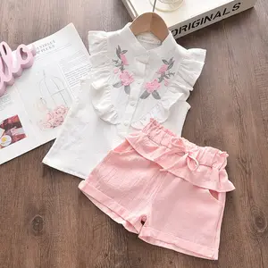 Conjunto de roupas de verão para bebês meninas, camiseta sem mangas desenho animado 2-8 anos, roupa casual e confortável com laço em duas peças