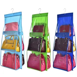 6 Pocket Folding Thickened Hanging Handbag Purse Storage Large Clear Holder Anti-dust Organizer Rack Hook Hanger Bag