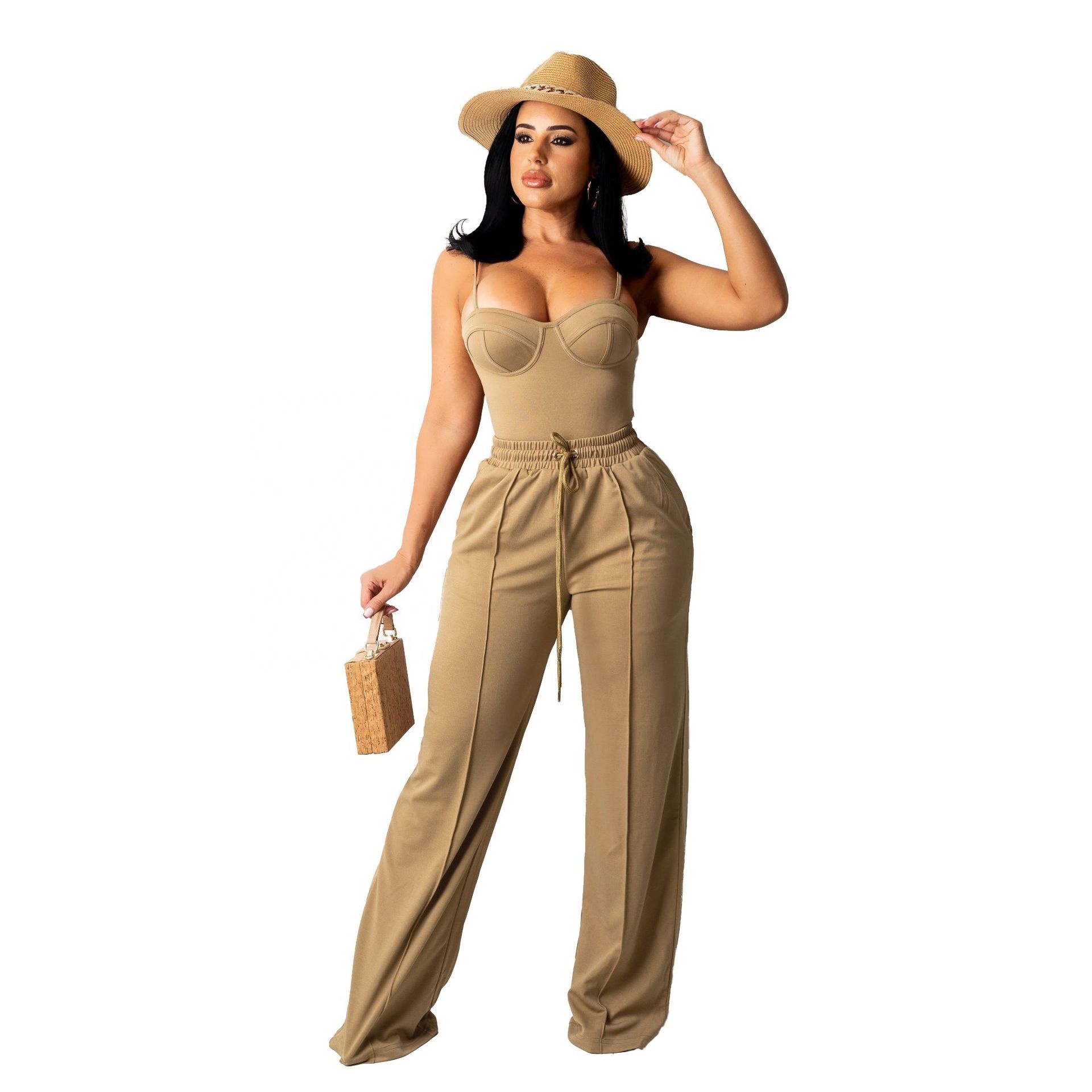 Women Elegant 2 Piece Sets Spaghetti Straps Crop Top Wide Leg Long Pant Set With Pockets Sweatsuits Set Sexy Summer Outfits 2023 · image 2