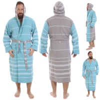 Peignoir pour homme Peshtemal turc bicolore avec rayures et capuche prélavé 100% coton de qualité supérieure Super Soft Feeling Traditional