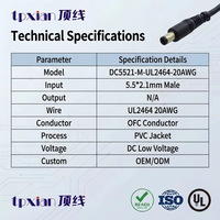 Câble d'alimentation DC5521 mâle vers fil étamé dénudé UL2464 20AWG pour équipement CCTV, LED et esthétique
