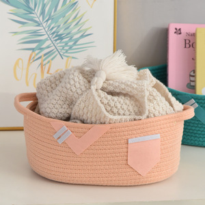 <b>Light</b> Pink Cotton <b>Rope</b> Woven Storage Basket Rectangle Shape Clothing Organizer Standing Type 100% Cotton Fabric - Product Image 1