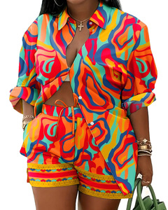 Nouvel ensemble deux pièces automne pour <span class=keywords><strong>femme</strong></span>, style européen et américain, avec haut imprimé à manches longues et <span class=keywords><strong>short</strong></span> au-dessus du genou à lacets - Product Image 6