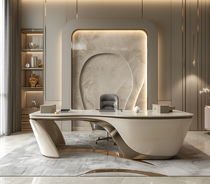 Escritorio Ejecutivo Moderno de Lujo en Color Blanco con Diseño Curvo, Amplia Estación de Trabajo para CEO o Gerente con Mesa Lateral - Product Image 4