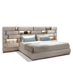 卧室家具最新双人床设计现代奢华超级皮革坐垫床头板特大床