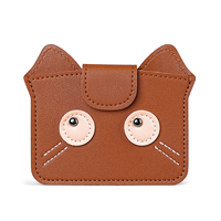 Tas kartu kulit sapi portabel, tempat kartu bisnis portabel Ultra tipis, penutup tombol Ultra tipis, desain kucing lucu kulit asli, tas kartu kulit sapi lapisan pertama Retro