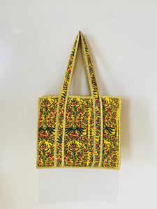 Bolso Tote de Algodón con Estampado Floral Bohemio para Mujer, Bolso de Compras con Paneles Amarillos, Estilo Abierto para Todas las Temporadas - Product Image 3