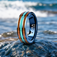 Bague en tungstène plaqué bleu sur mesure avec incrustation de pierre turquoise et bois de Koa, bijoux de mariage et de promesse pour homme, vente en gros