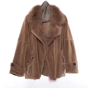 High Quality Winter Sheep Fur Women Warm Coat Genuine Fox Fur Collar Trim Shearling Body Overcoat Jacket Coat