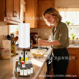 Double Layer Rotating Wooden Spice Rack <b>Kitchen</b> Countertop <b>Paper</b> Towel Holder Iron Wood Multi Function Storage Rack - Product Image 1
