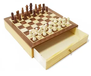 사용자 정의 2 IN 1 붙여 넣기 나무 조각 서랍 디자인 보드 게임 체스 세트 및 체커