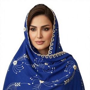 Blue Gold Floral Embroidered Cotton Voile <b>Shawl</b> <b>for</b> Muslim <b>Women</b> Rhinestone Accent Islamic Modest Soft Lightweight Breathable - Product Image 1