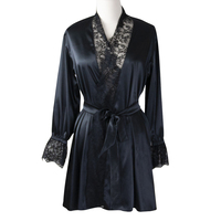 Robe de nuit pour femme en satin à double bretelle, noire et blanche, à manches longues