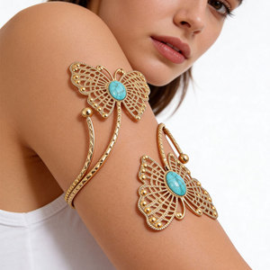 Gold Plated Butterfly <b>Cuff</b> Bracelets With Turquoise Stone Women's Bohemia Style Statement <b>Arm</b> Jewelry - Product Image 1