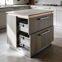 Meubles de cuisine compacts en bois grainé avec tiroirs à fermeture amortie et éclairage d'ambiance sous l'îlot