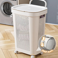 Grand panier à linge en plastique, bac à linge ventilé avec couvercle rabattable, chariot de rangement pour vêtements sales, boîte organisatrice de vêtements avec roulettes