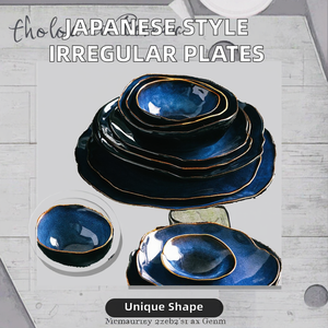 Nouvel ensemble de vaisselle de style japonais abstrait pour dîner occidental 2025, forme irrégulière, bord bleu doré, en céramique et porcelaine, écologique, pour fêtes - Product Image 3
