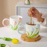 Mug en céramique vintage de luxe léger, motif floral iris et camélia, grande capacité, écologique, compatible lave-vaisselle, avec logo personnalisé et paille
