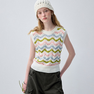 VEGA CHANG Color Block Wave Striped Knit Vest for Women Sleeveless Crochet Tank Top Crew <strong>Neck</strong> Casual Sweater - Product Image 1