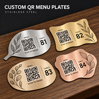 Panneau de menu QR code en forme de feuille botanique pour restaurant, élégant numéro de table, affichage de comptoir, plaque nominative personnalisée en acier inoxydable