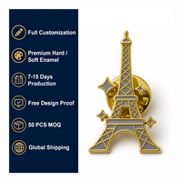 Broche personnalisée Tour Eiffel Paris en émail dur, plaquée or, badge de revers, MOQ 50 pièces pour souvenir de France