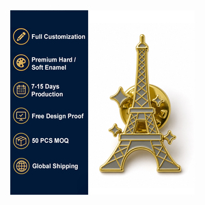 Broche personnalisée Tour Eiffel Paris en émail dur, plaquée or, badge <span class=keywords><strong>de</strong></span> revers, MOQ <span class=keywords><strong>50</strong></span> pièces pour souvenir <span class=keywords><strong>de</strong></span> France - Product Image 1