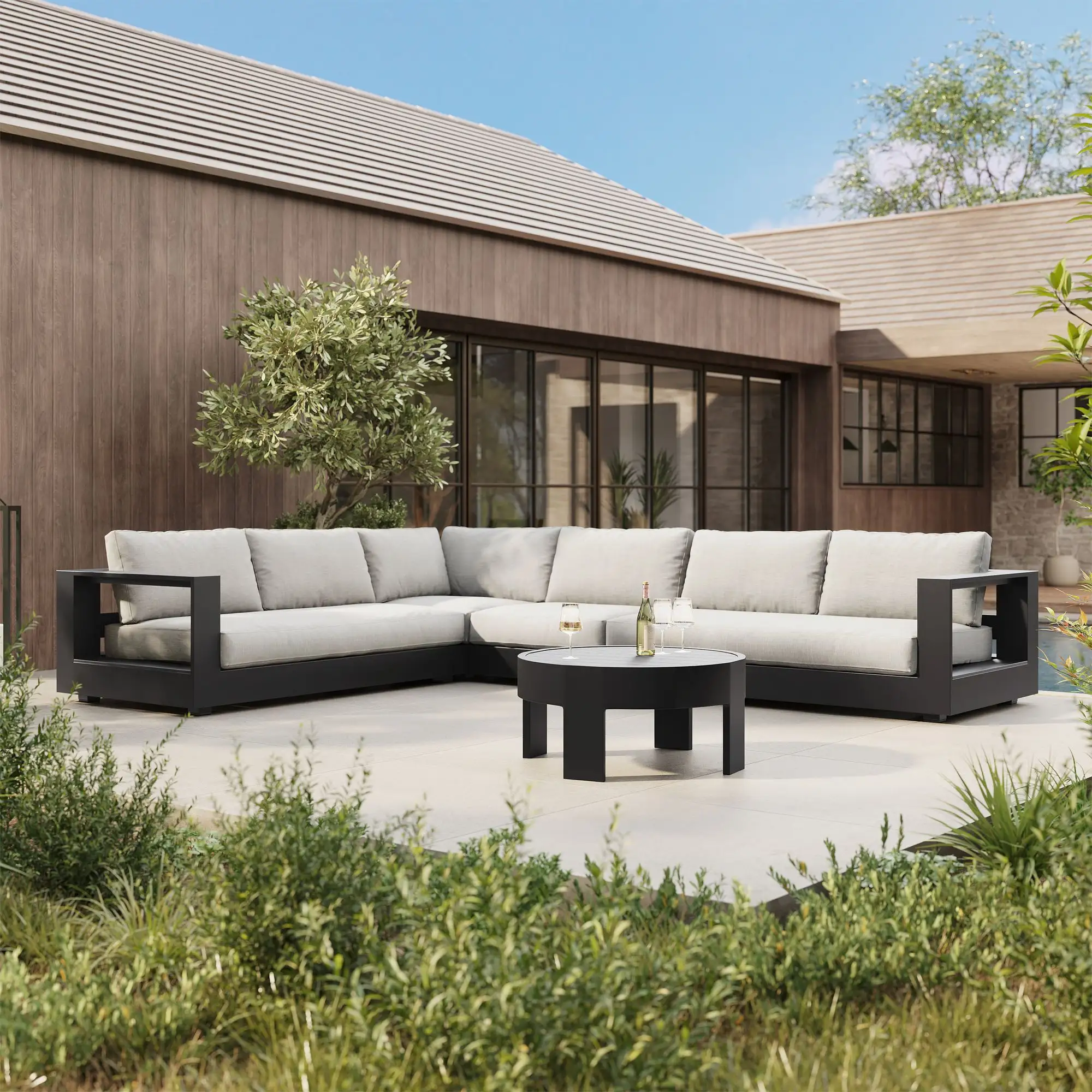 Lüks otel veranda dış mekan mobilyası set ahşap loungemodular set modern alüminyum bahçe kanepe