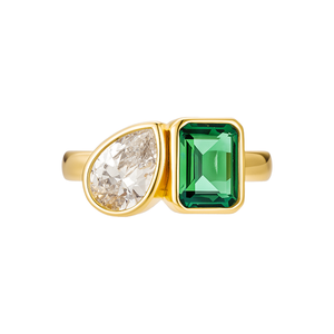 Gemnel Bezel Set 925 Silver Emerald Pear Diamond Unique <strong>Two</strong> <strong>Stone</strong> Engagement Band Wedding <strong>Ring</strong> - Product Image 1
