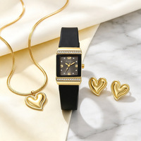 Reloj de Cuarzo con Pedrería de Moda para Mujer, Lujoso, 33 mm, Cuadrado, con Collar y Aretes de Corazón, Set de Regalo para Mujer