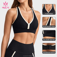 Soutien-gorge de sport pour femme, personnalisé OEM, à bretelles croisées, col en V, dos découpé, à rayures contrastées bicolores, maintien élevé, pour fitness, yoga et entraînement