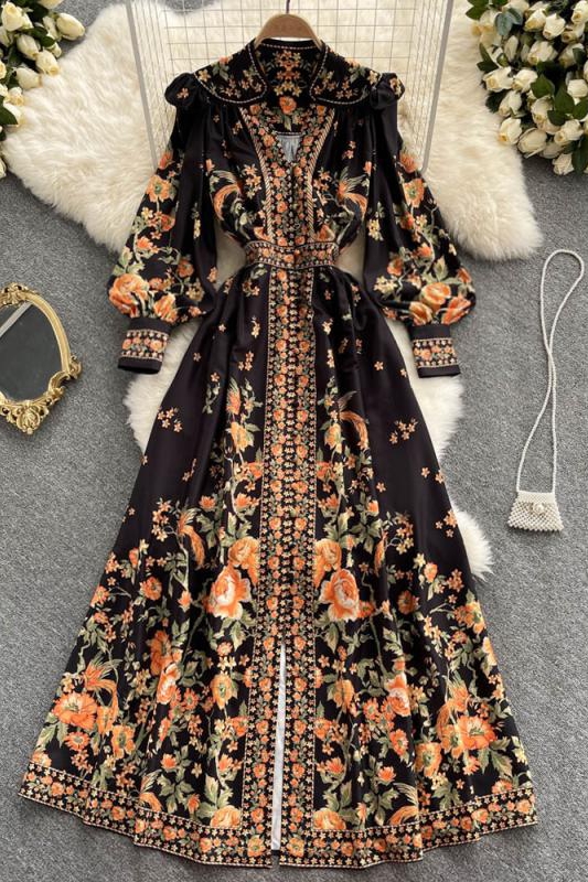 Long Sleeve V-Neck A-Line Print Maxi Dress for Women - Casual Autumn  Vintage High Waist Dress Wholesale