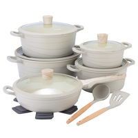 Batterie de cuisine 15 pièces en aluminium moulé sous pression, antiadhésive, motif vague granit, comprenant faitout, poêle à frire, cocotte, couvercle en verre, légère
