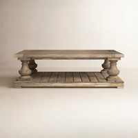 Table basse rustique en bois massif, pieds en balustre avec étagère inférieure pour salon