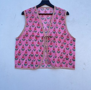 100% Cotton Dori <b>Vest</b> for <b>Women</b> Comfortable V-Neck Floral Printed Front Open Waistcoat - Product Image 1