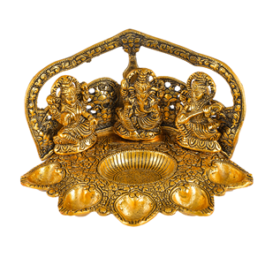 Modelo de Ídolo Metálico Lakshmi Ganesh Saraswati Diya, Chapado en Oro, Hecho a Mano en India, para Decoración de Templo, Pooja, Diwali y Bodas - Product Image 3