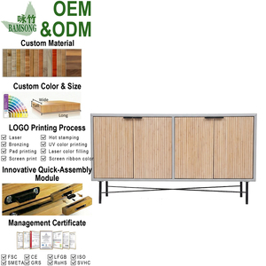 <span class=keywords><strong>Buffet</strong></span> moderne du milieu du siècle en bambou et métal, portes à lattes en bambou cannelé, meuble minimaliste pour salle à manger, salon, cuisine - Product Image 1