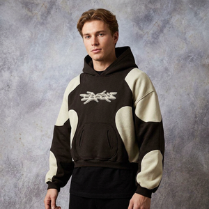 Sweat à capuche vintage personnalisé pour homme, avec patchwork tissé, fermeture éclair, effet délavé à l'acide, appliqué, unisexe, OEM - Product Image 1