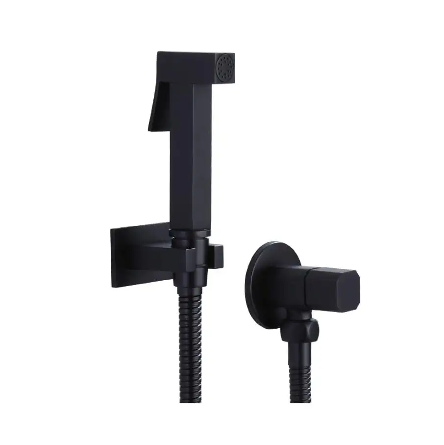 Matte black brass bathroom toilet bidet sprayer shattaf set in square shape with angle valve and shower hose