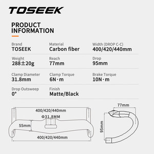 Tay lái xe đạp đường trường Carbon Bend, sản xuất gốc Toseek, đường kính trong 31.8mm, kiểu mờ, chiều dài 400/420/440mm - Product Image 2