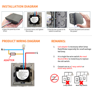 Tawoia, Interruptor táctil de atenuación de 1 vía o 2 vías con certificado estándar de la UE 1/2 Gang con Panel de vidrio templado, estilo elegante moderno para el hogar - Product Image 3