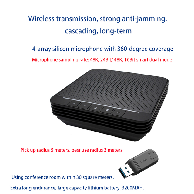 3200mAh Long Battery Wireless Conference Speakerphone 360° USB Microphone with 5m Pickup Audio Conferencing System for Meeting
