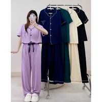 Pyjama d'été pour femmes, chemise à manches courtes et pantalon en tissu doux de couleur unie, ensemble deux pièces, vêtements de maison, grande taille 3XL, nuisette décontractée, vêtements de nuit
