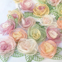 Robe de mariée fête décorations pour la maison 5.5CM Organza tissu feuille Rose gaze artificielle soie fleur Patch autocollant pour bricolage épingles à cheveux