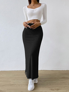 Women's Fashion Casual Half length <b>Skirt</b> Spring/Summer Black Pit Strip A-line High Waist <b>Split</b> Long <b>Skirt</b> - Product Image 4