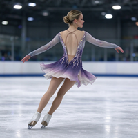 Robe de patinage artistique pour enfants et adultes, gris, violet, blanc, dégradé, maille, manches longues, strass au dos, pour compétition et spectacle