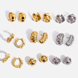 Stud Earrings <b>Set</b> Ball Shape Wave Geometry Stainless Steel Prong Setting Everyday Wear Fine Jewelry for <b>Women</b> - Product Image 1