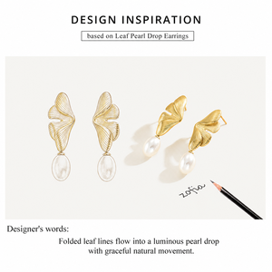 Boucles d'oreilles pendantes en forme de feuille couleur or et acier, imitation perle, en acier inoxydable, plaqué or 14K sous vide - Product Image 2