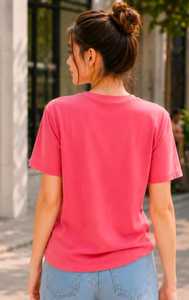 T-shirt décontracté pour femme en maille corail orange à col rond et manches courtes, coupe classique, respirant et écologique, idéal pour l'été - Product Image 3