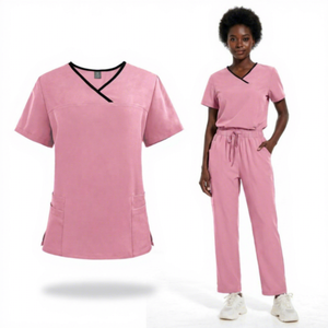 Ensemble deux pièces à manches courtes, pantalon droit médical ample et confortable, assorti aux couleurs, pour le lavage des vêtements à la main - Product Image 1